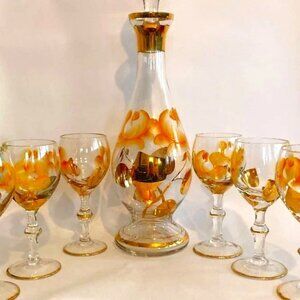 Vintage Romanian Crystal Decanter With 6 Hand Painted Yellow Gold Floral Glasses